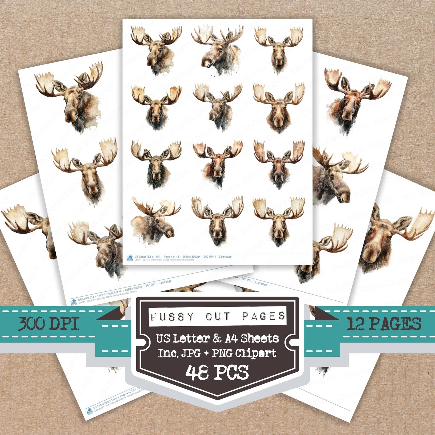 Watercolour Moose Portrait fussy cut printable sheets for junk journaling, scrapbooking, and paper craft projects