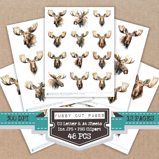 Watercolour Moose Portrait fussy cut printable sheets for junk journaling, scrapbooking, and paper craft projects