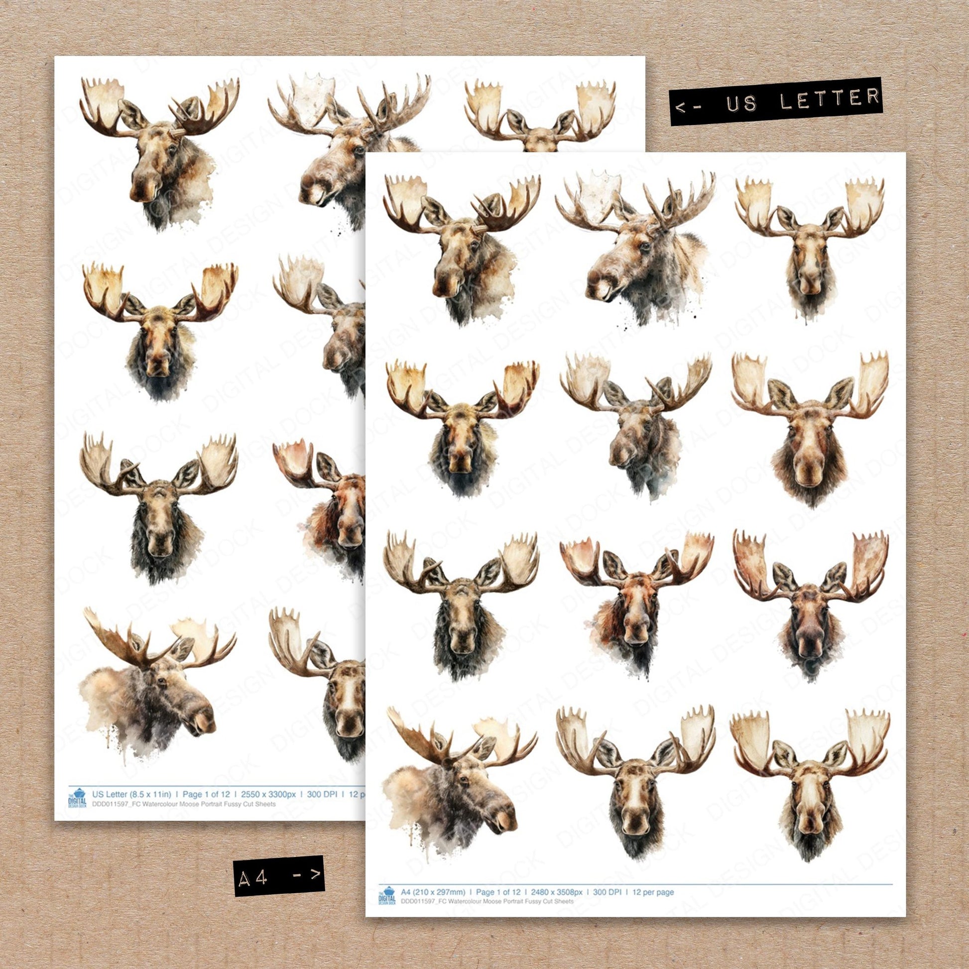 A4 and US Letter format comparison showing Watercolour Moose Portrait fussy cut pages for print and cut crafting