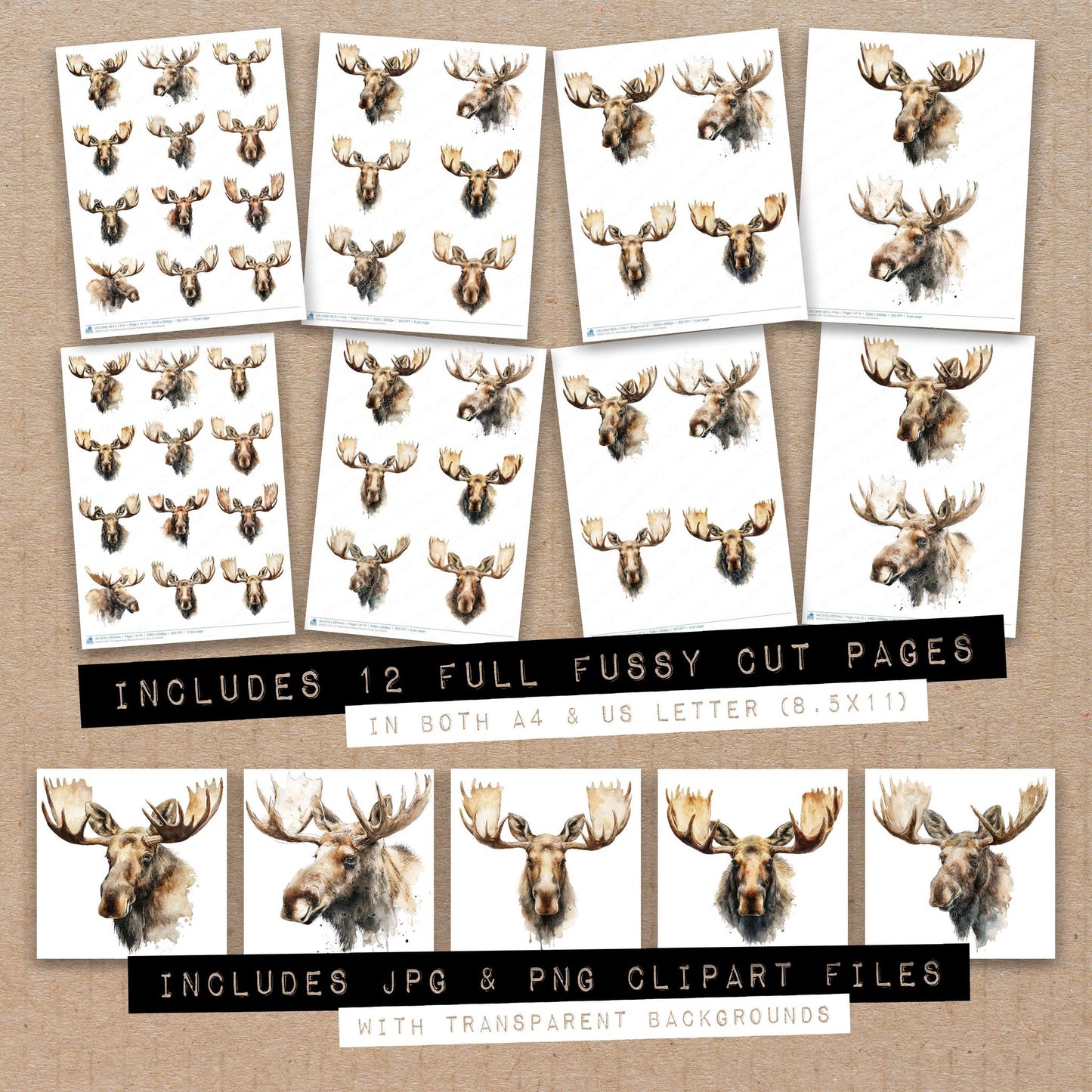 Full collection view of Watercolour Moose Portrait fussy cut sheets with bonus clipart JPG and PNG files