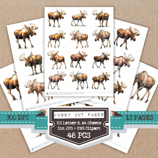 Watercolour Moose Walking fussy cut printable sheets for junk journaling, scrapbooking, and paper craft projects