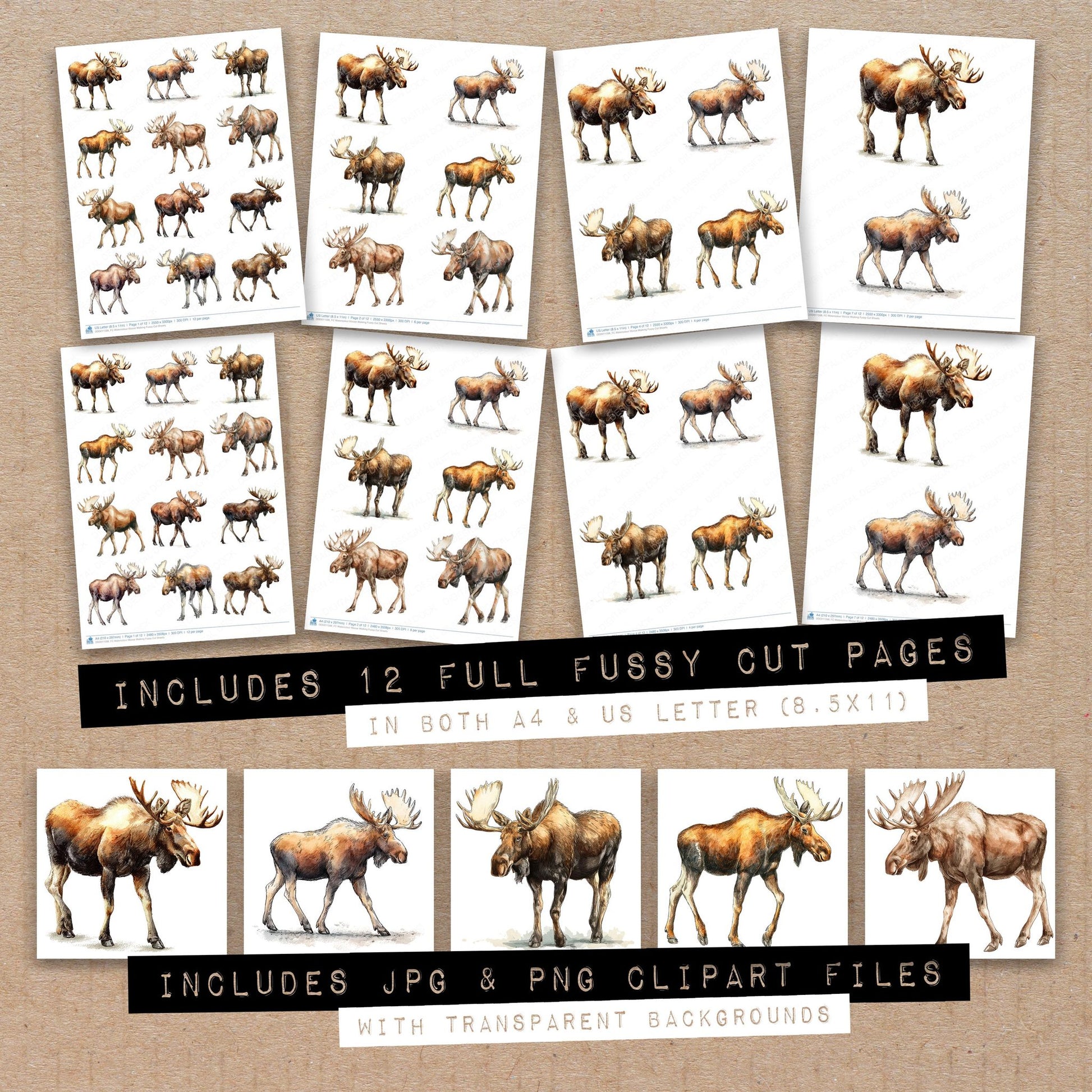 Full collection view of Watercolour Moose Walking fussy cut sheets with bonus clipart JPG and PNG files