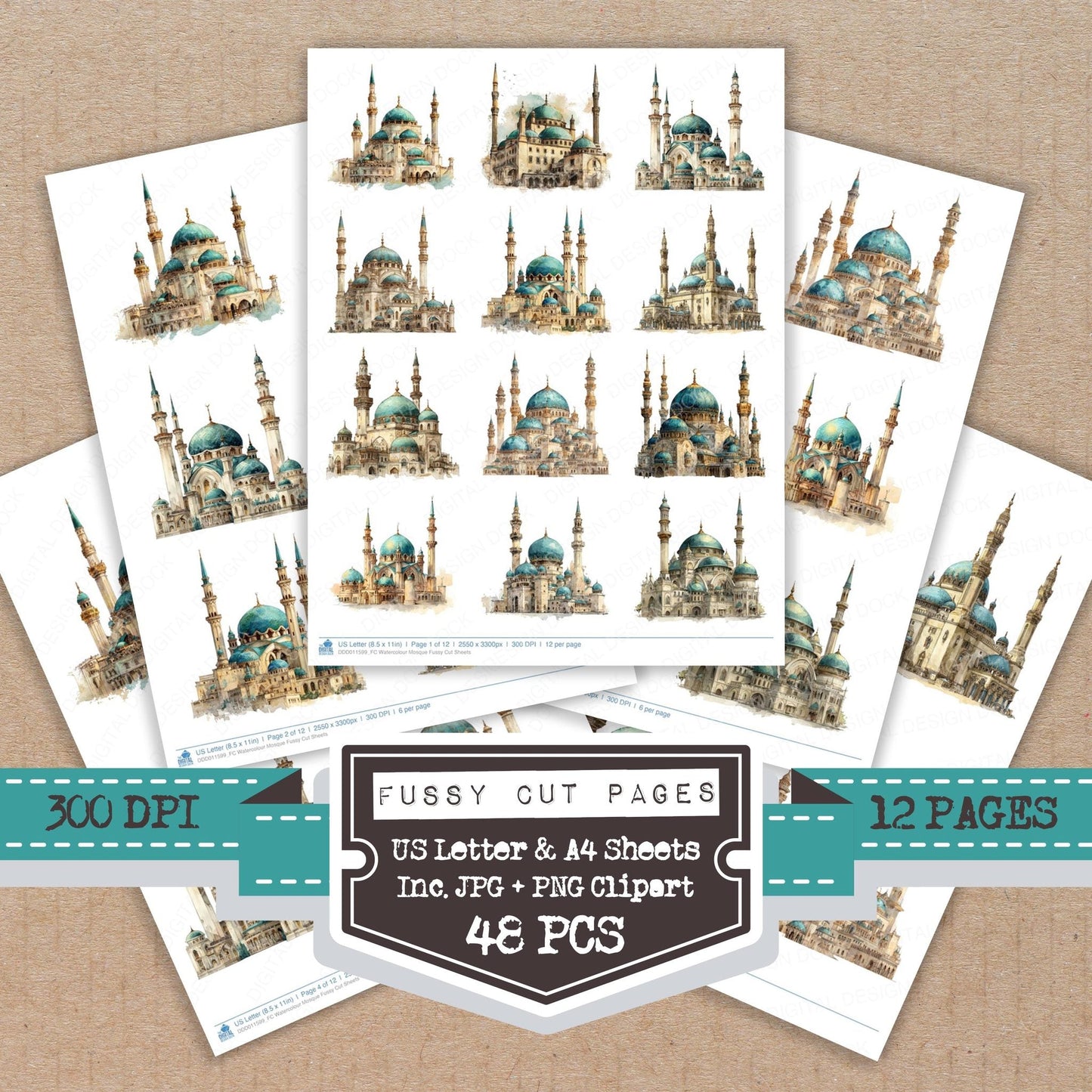 Watercolour Mosque Fussy Cut Sheets (DDD011599)