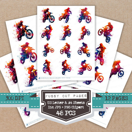Watercolour Motocross Rider fussy cut printable sheets for junk journaling, scrapbooking, and paper craft projects