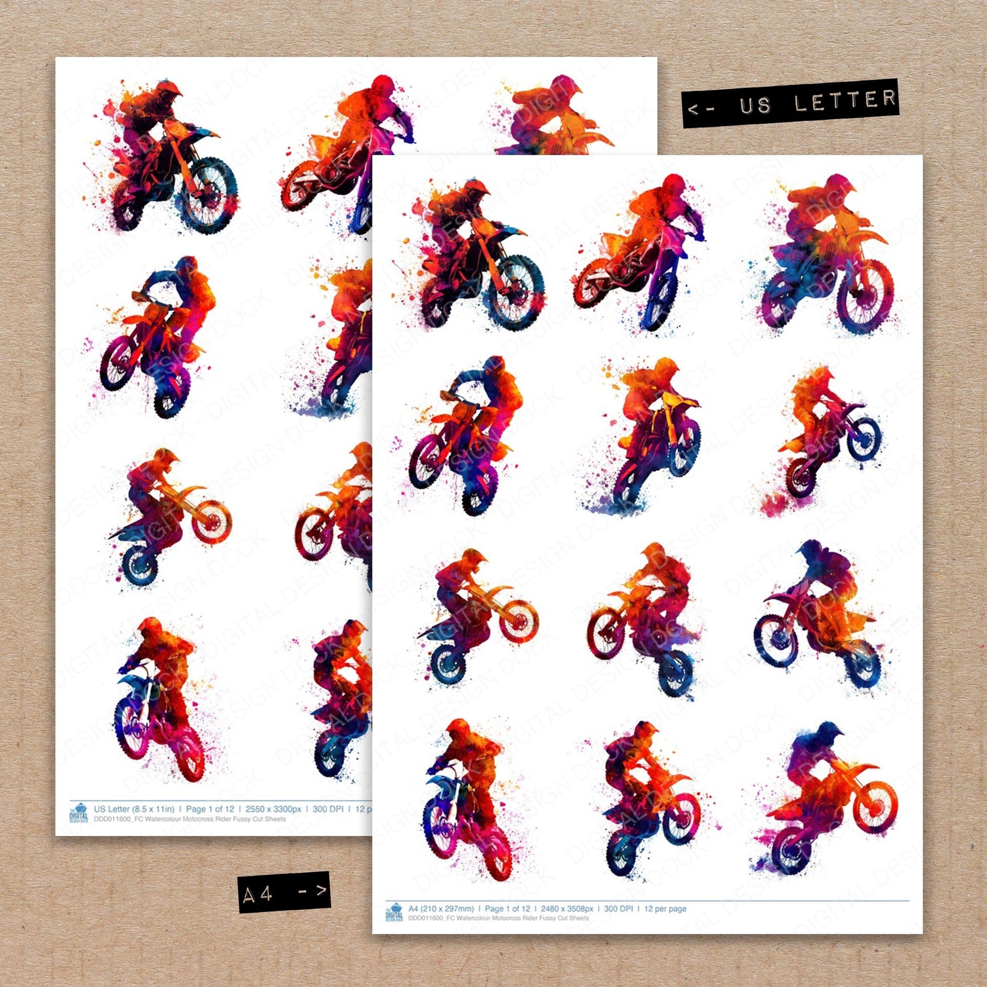 A4 and US Letter format comparison showing Watercolour Motocross Rider fussy cut pages for print and cut crafting