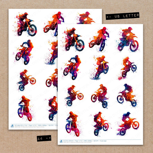 A4 and US Letter format comparison showing Watercolour Motocross Rider fussy cut pages for print and cut crafting