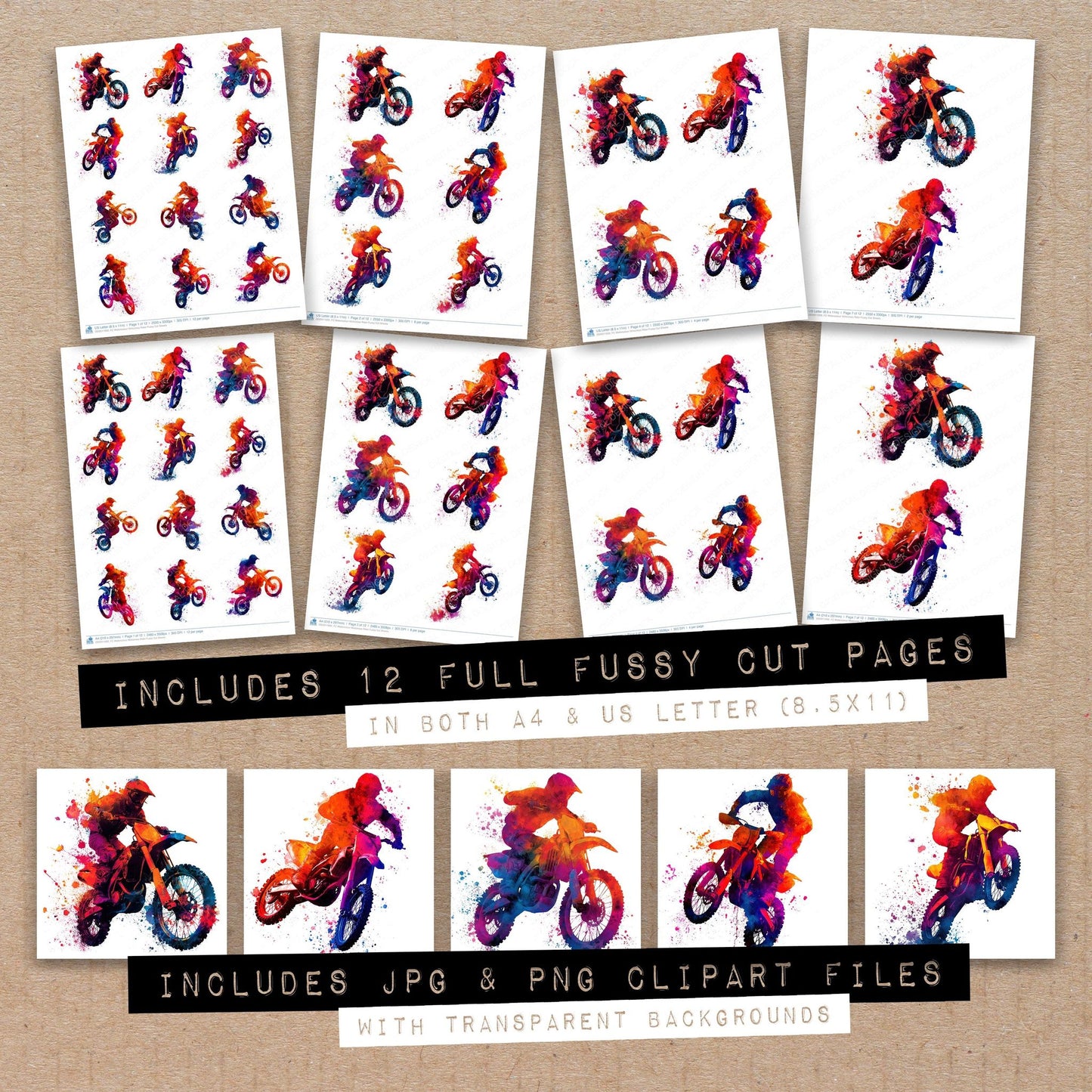 Full collection view of Watercolour Motocross Rider fussy cut sheets with bonus clipart JPG and PNG files