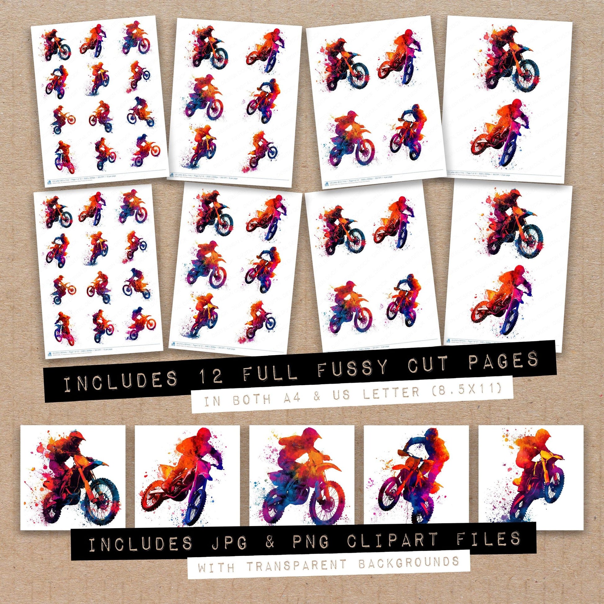 Full collection view of Watercolour Motocross Rider fussy cut sheets with bonus clipart JPG and PNG files