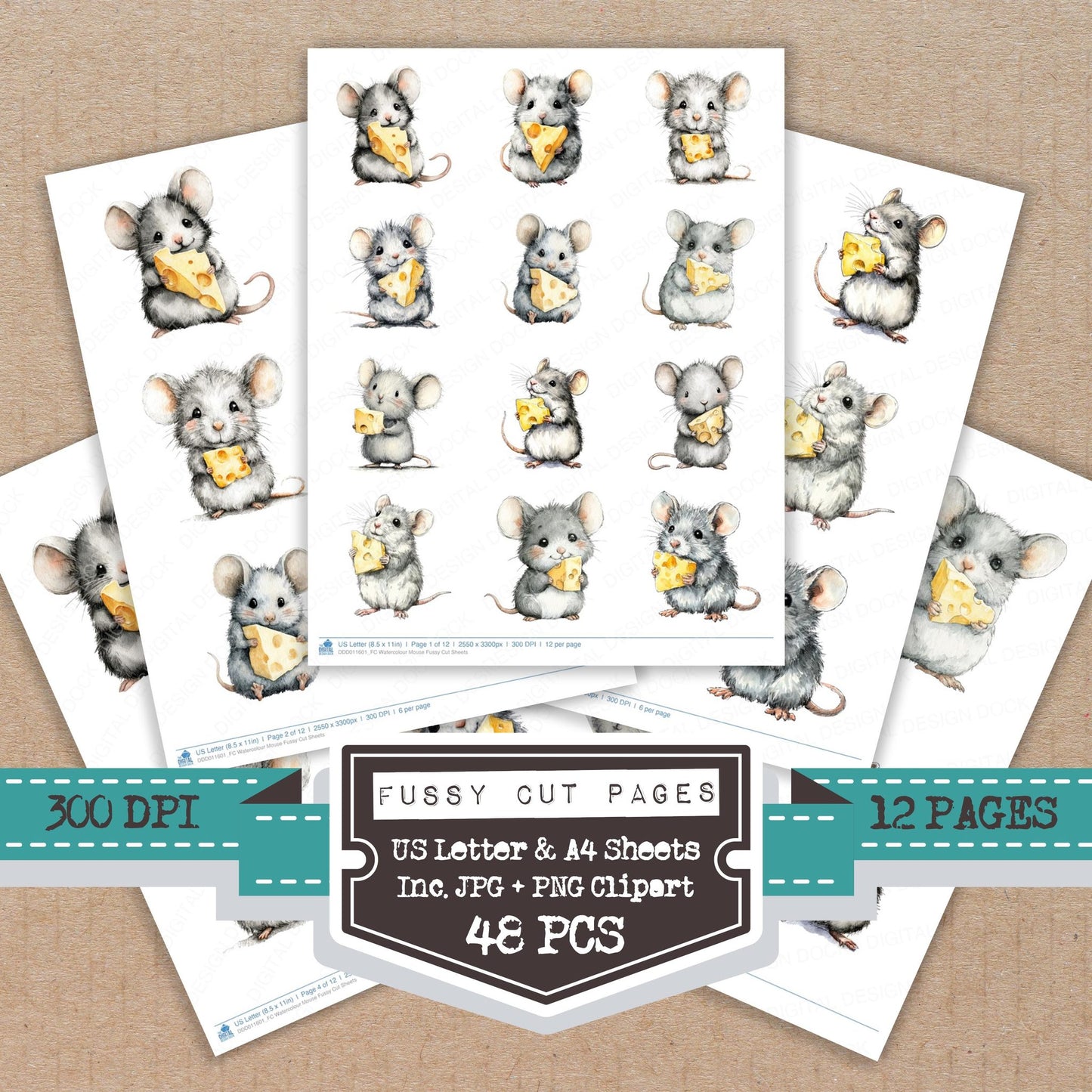 Watercolour Mouse fussy cut printable sheets for junk journaling, scrapbooking, and paper craft projects