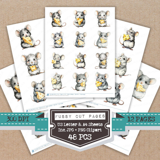 Watercolour Mouse fussy cut printable sheets for junk journaling, scrapbooking, and paper craft projects