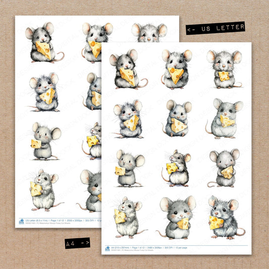A4 and US Letter format comparison showing Watercolour Mouse fussy cut pages for print and cut crafting