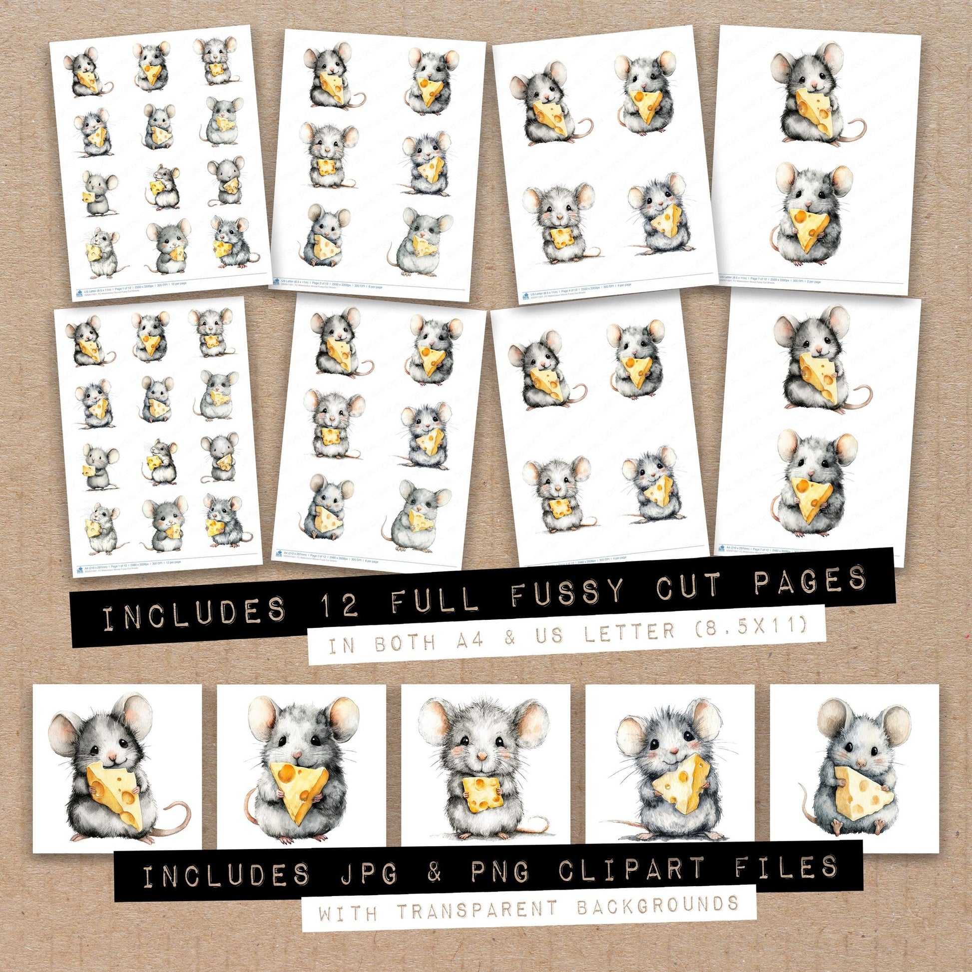 Full collection view of Watercolour Mouse fussy cut sheets with bonus clipart JPG and PNG files