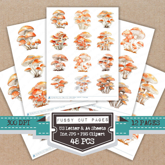 Watercolour Mushroom Cluster fussy cut printable sheets for junk journaling, scrapbooking, and paper craft projects