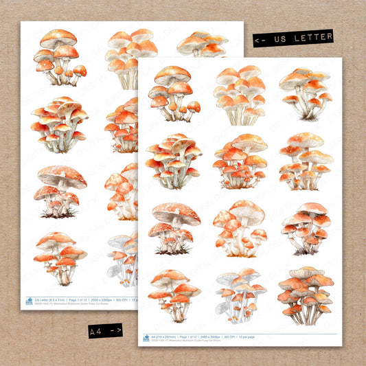 A4 and US Letter format comparison showing Watercolour Mushroom Cluster fussy cut pages for print and cut crafting