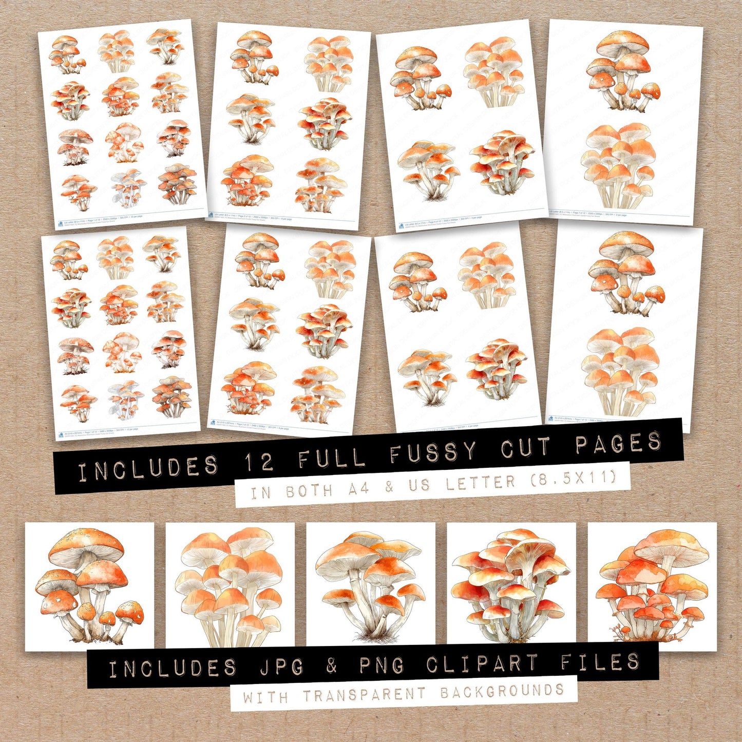 Full collection view of Watercolour Mushroom Cluster fussy cut sheets with bonus clipart JPG and PNG files