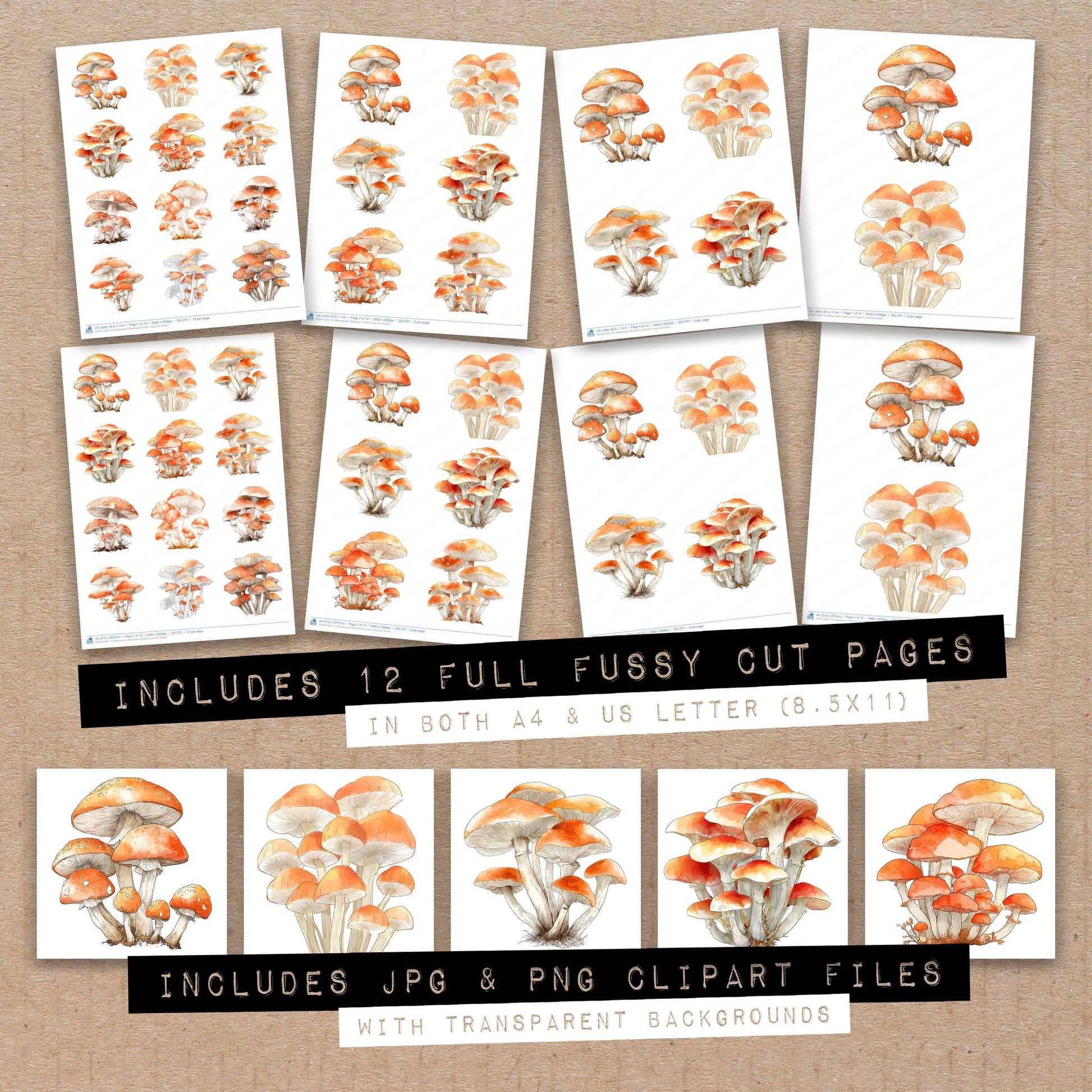 Full collection view of Watercolour Mushroom Cluster fussy cut sheets with bonus clipart JPG and PNG files
