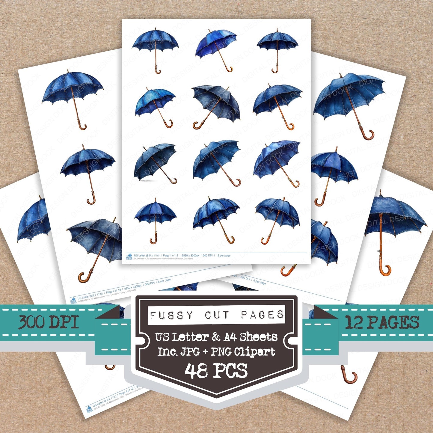 Watercolour Navy Umbrella fussy cut printable sheets for junk journaling, scrapbooking, and paper craft projects