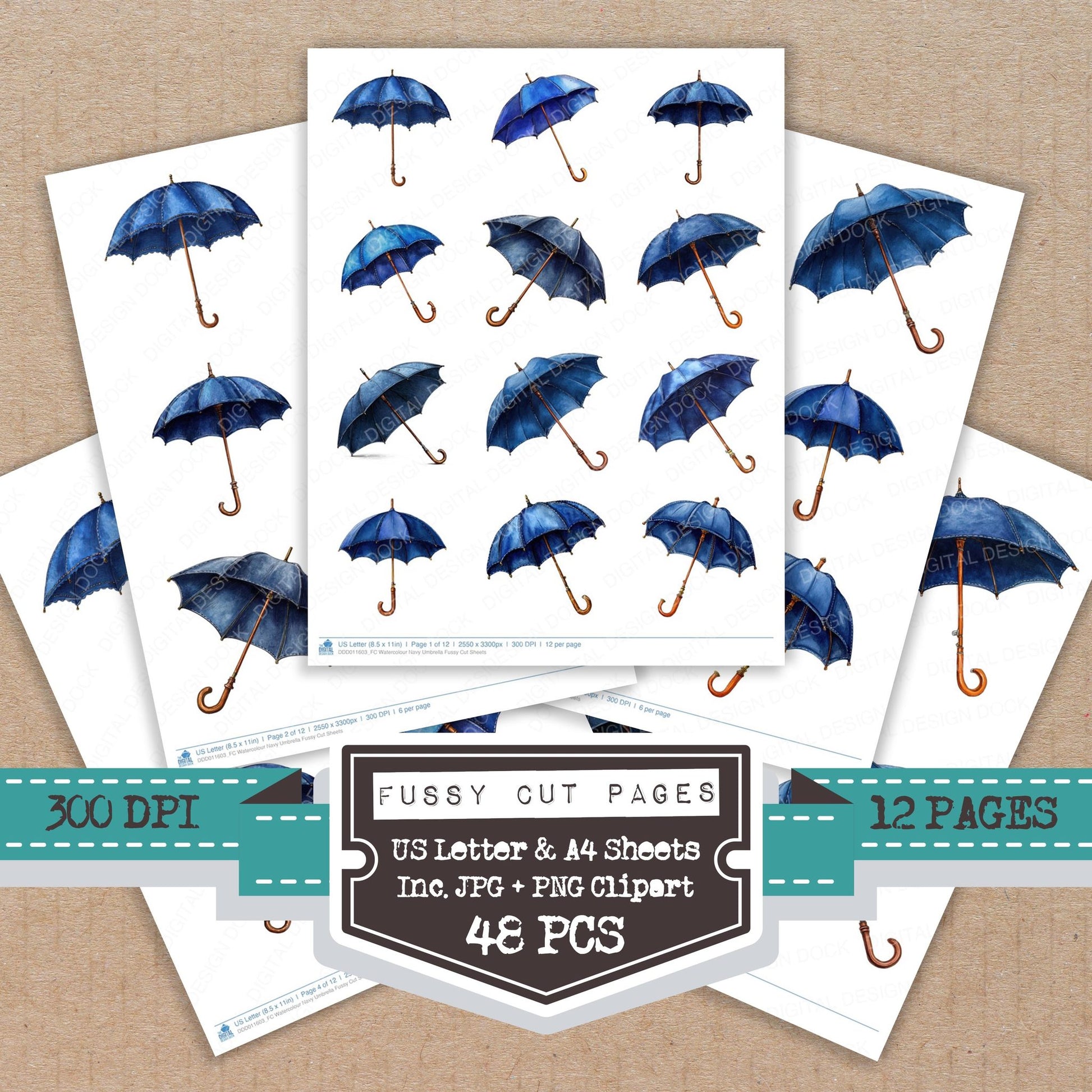 Watercolour Navy Umbrella fussy cut printable sheets for junk journaling, scrapbooking, and paper craft projects