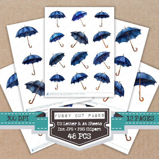 Watercolour Navy Umbrella fussy cut printable sheets for junk journaling, scrapbooking, and paper craft projects