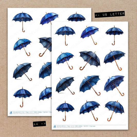 A4 and US Letter format comparison showing Watercolour Navy Umbrella fussy cut pages for print and cut crafting