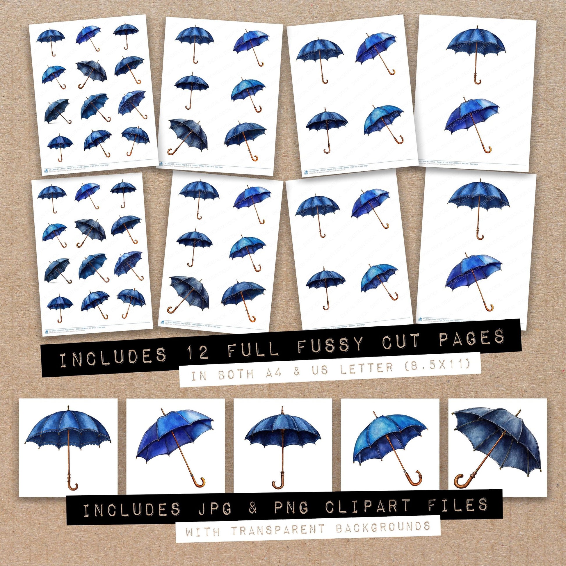Full collection view of Watercolour Navy Umbrella fussy cut sheets with bonus clipart JPG and PNG files