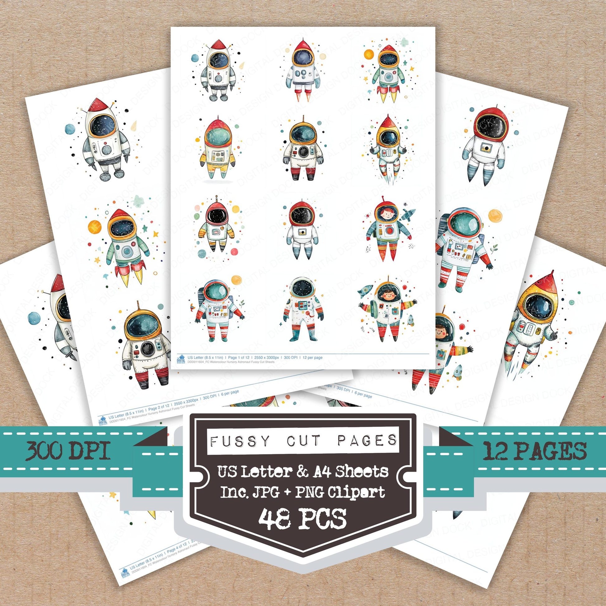 Watercolour Nursery Astronaut fussy cut printable sheets for junk journaling, scrapbooking, and paper craft projects