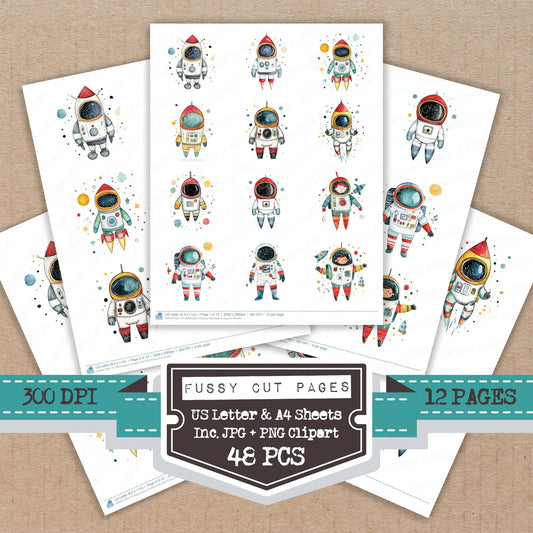 Watercolour Nursery Astronaut fussy cut printable sheets for junk journaling, scrapbooking, and paper craft projects