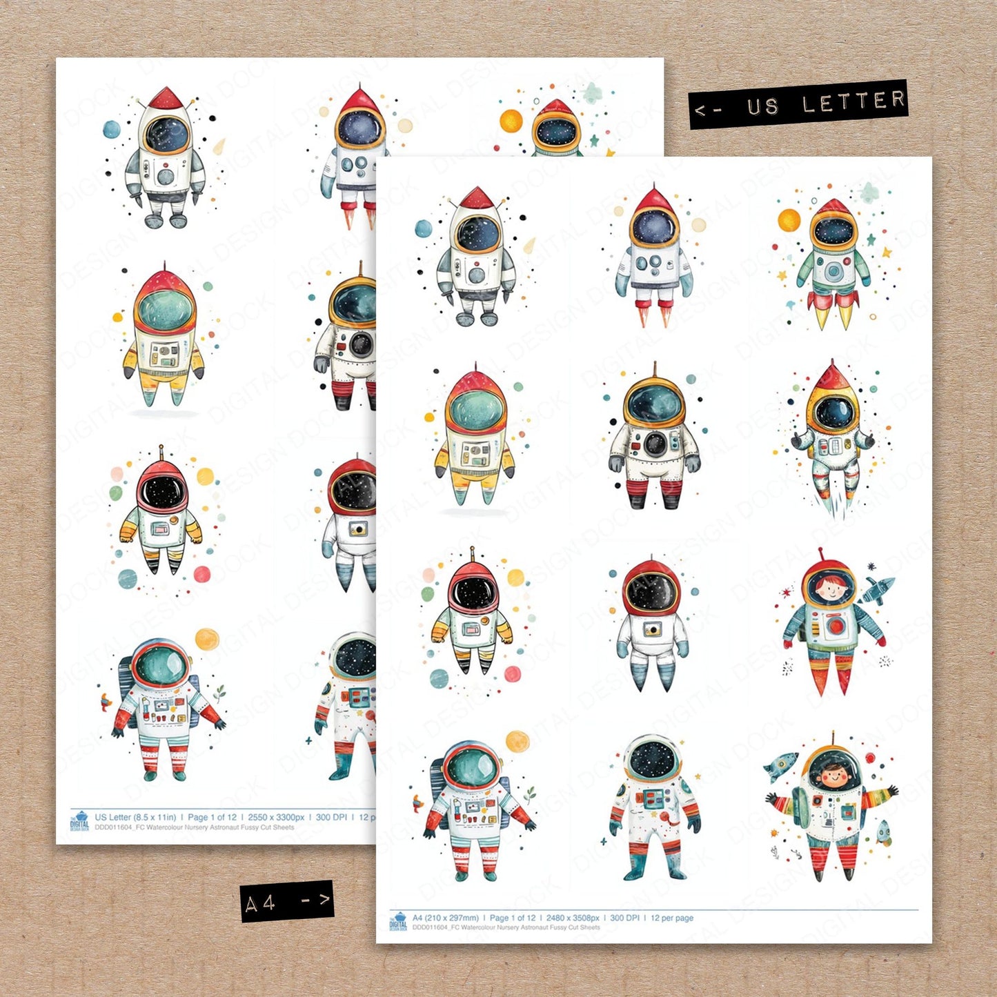 A4 and US Letter format comparison showing Watercolour Nursery Astronaut fussy cut pages for print and cut crafting