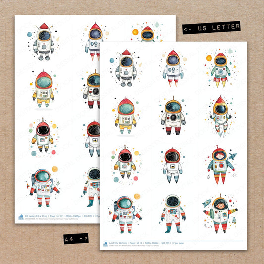 A4 and US Letter format comparison showing Watercolour Nursery Astronaut fussy cut pages for print and cut crafting
