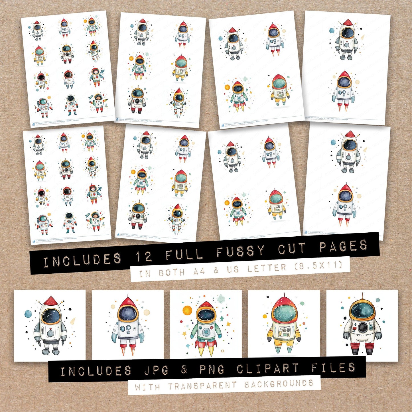 Full collection view of Watercolour Nursery Astronaut fussy cut sheets with bonus clipart JPG and PNG files