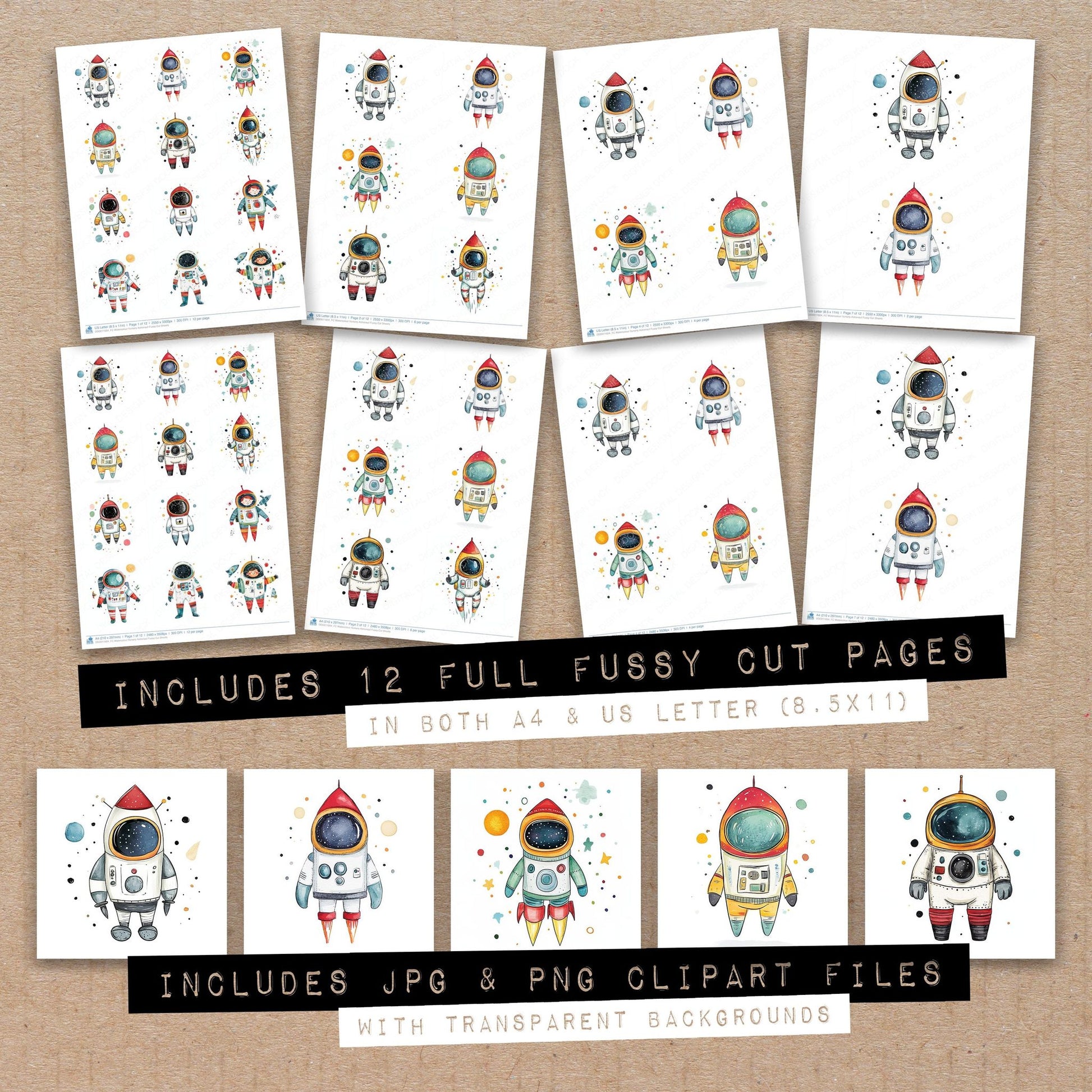 Full collection view of Watercolour Nursery Astronaut fussy cut sheets with bonus clipart JPG and PNG files
