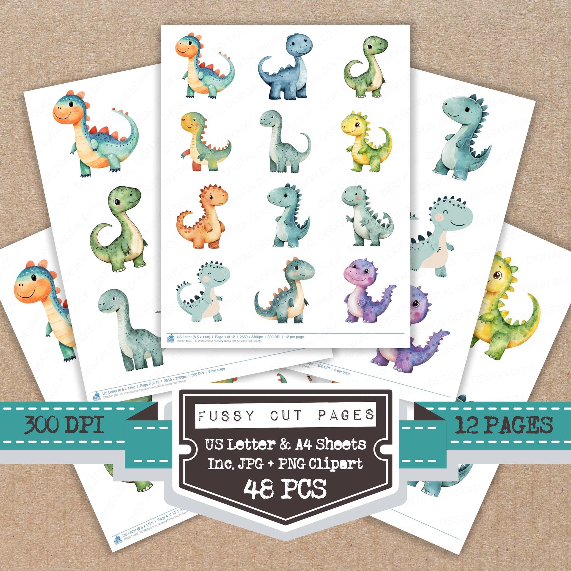 Watercolour Nursery Dinos A fussy cut printable sheets for junk journaling, scrapbooking, and paper craft projects