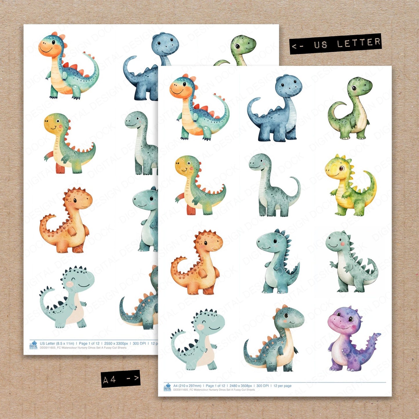 A4 and US Letter format comparison showing Watercolour Nursery Dinos A fussy cut pages for print and cut crafting