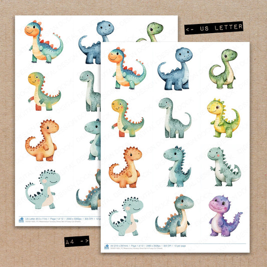 A4 and US Letter format comparison showing Watercolour Nursery Dinos A fussy cut pages for print and cut crafting