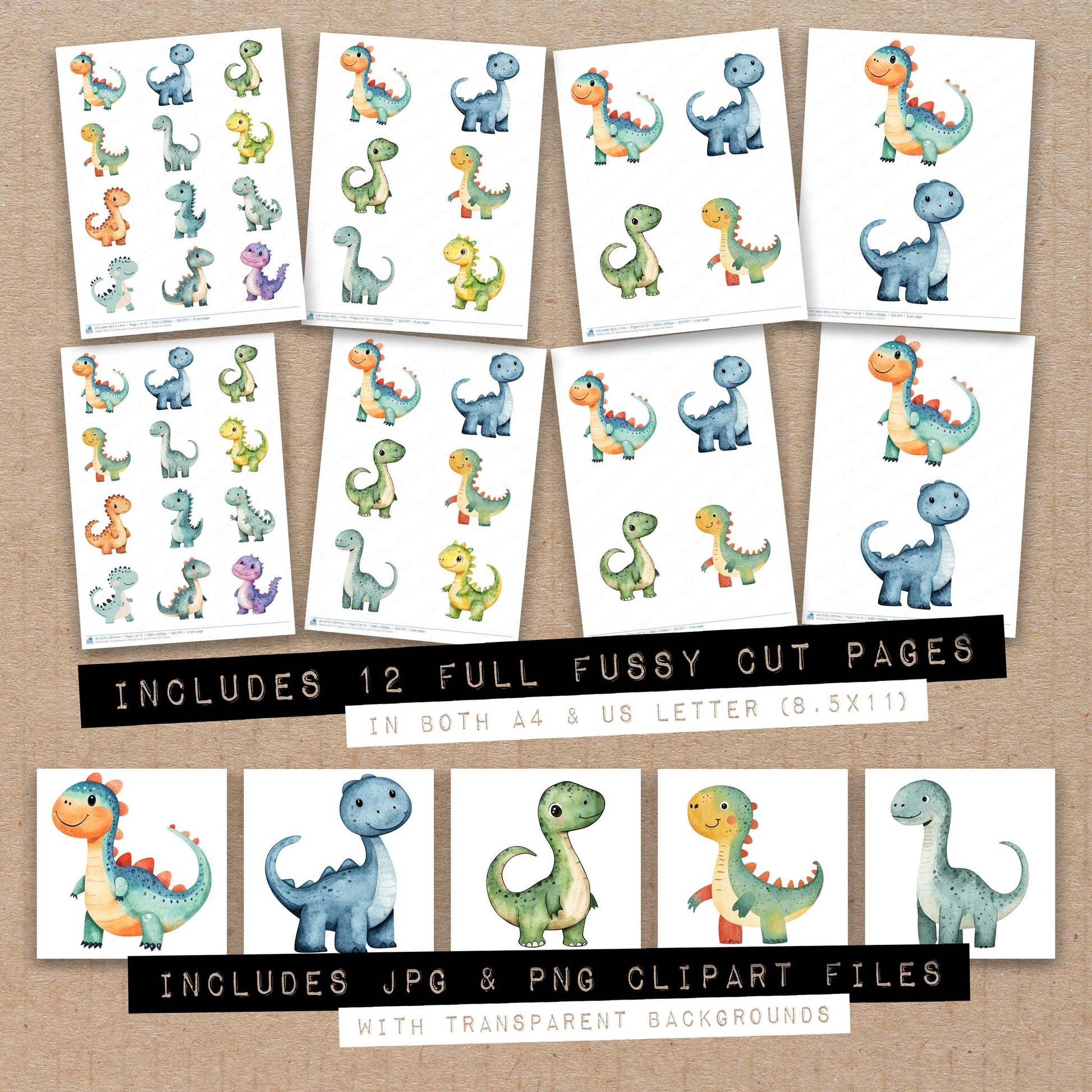Full collection view of Watercolour Nursery Dinos A fussy cut sheets with bonus clipart JPG and PNG files