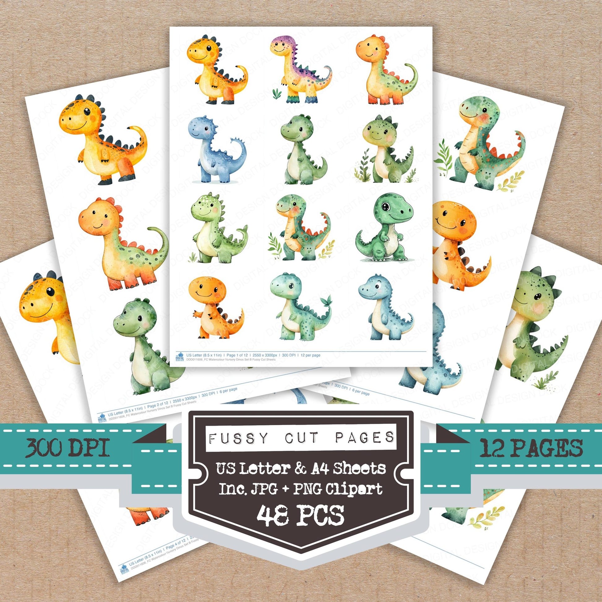 Watercolour Nursery Dinos B fussy cut printable sheets for junk journaling, scrapbooking, and paper craft projects