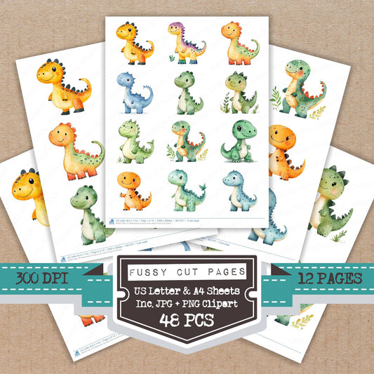 Watercolour Nursery Dinos B fussy cut printable sheets for junk journaling, scrapbooking, and paper craft projects