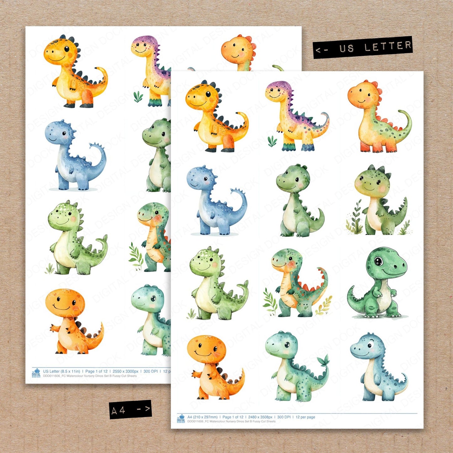 A4 and US Letter format comparison showing Watercolour Nursery Dinos B fussy cut pages for print and cut crafting