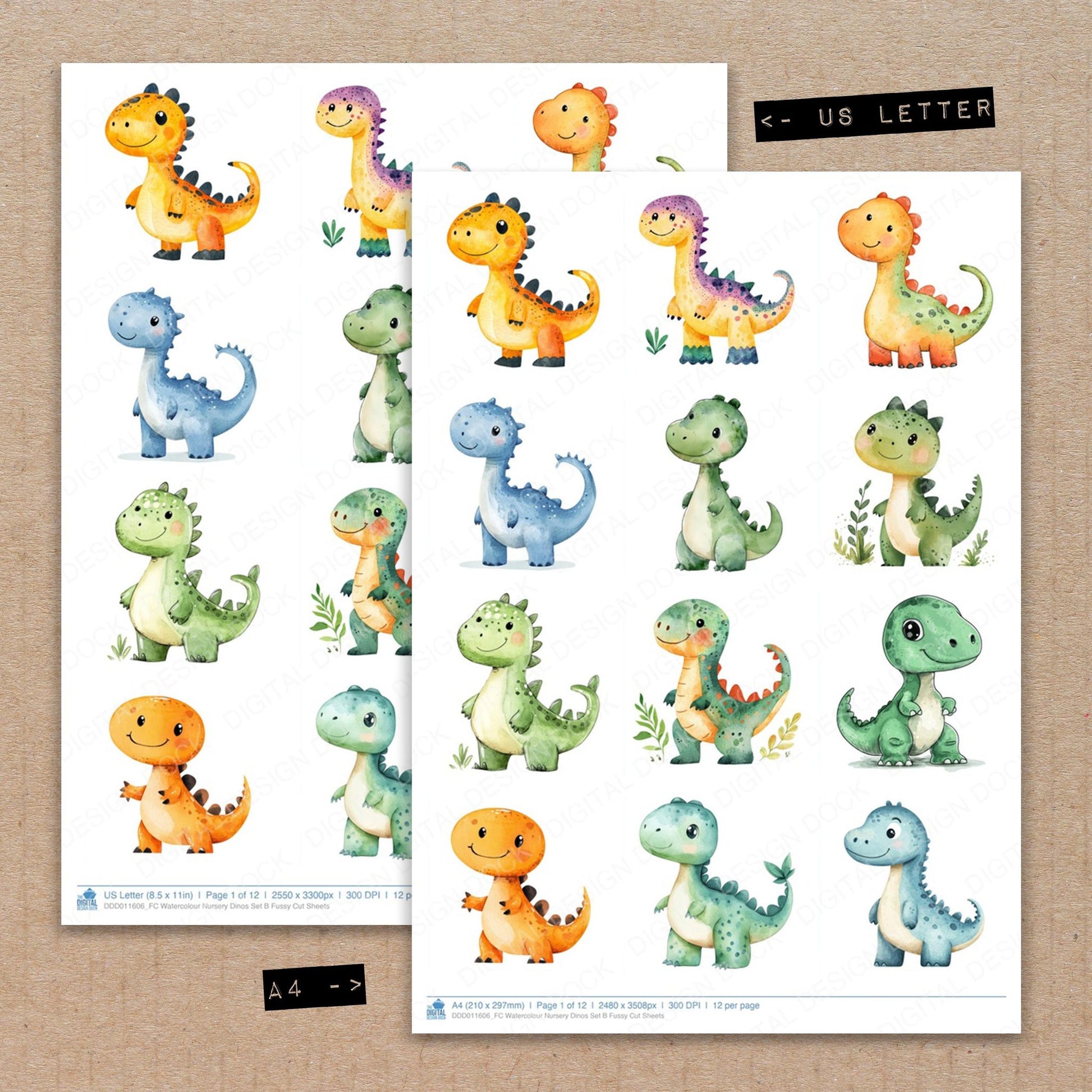 A4 and US Letter format comparison showing Watercolour Nursery Dinos B fussy cut pages for print and cut crafting