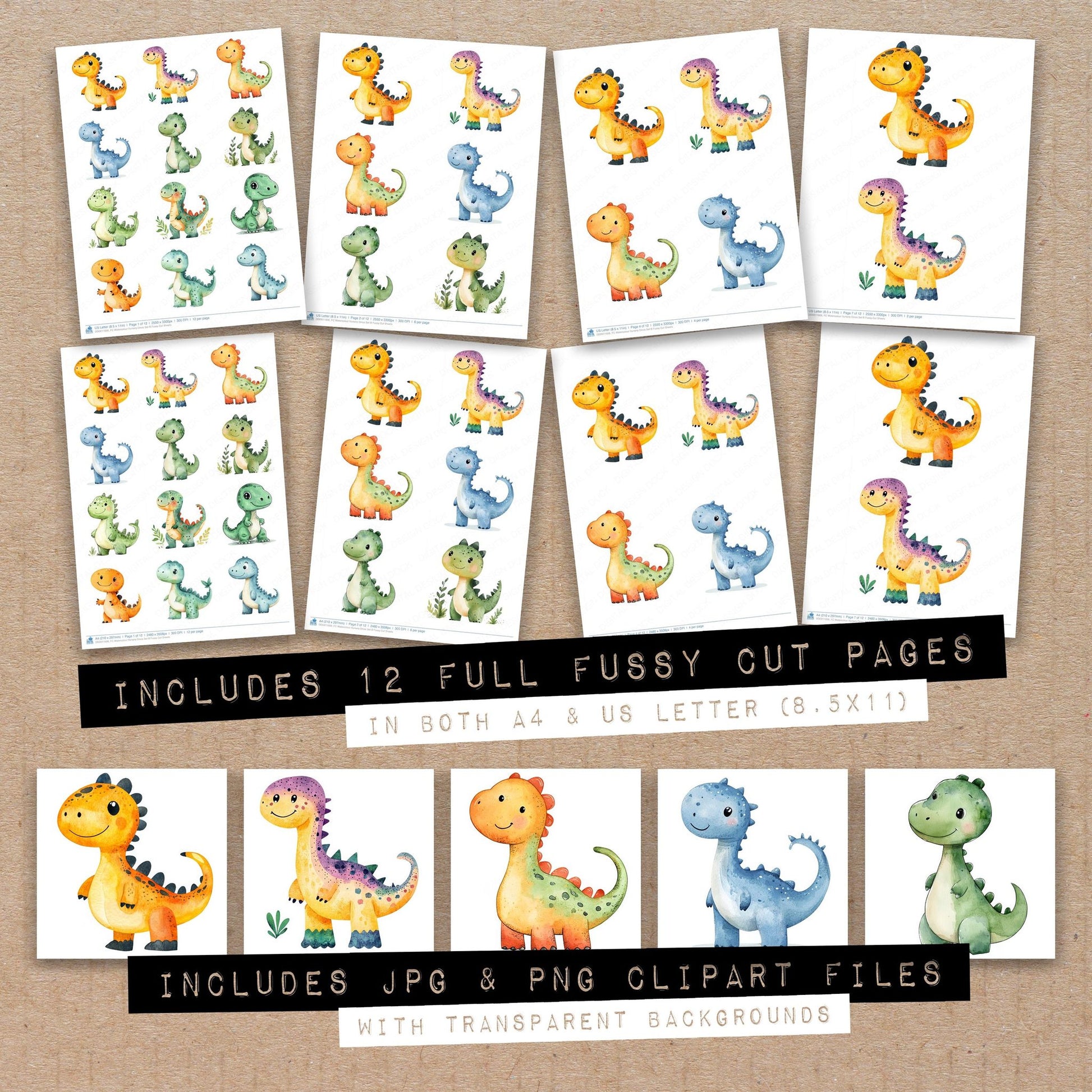 Full collection view of Watercolour Nursery Dinos B fussy cut sheets with bonus clipart JPG and PNG files