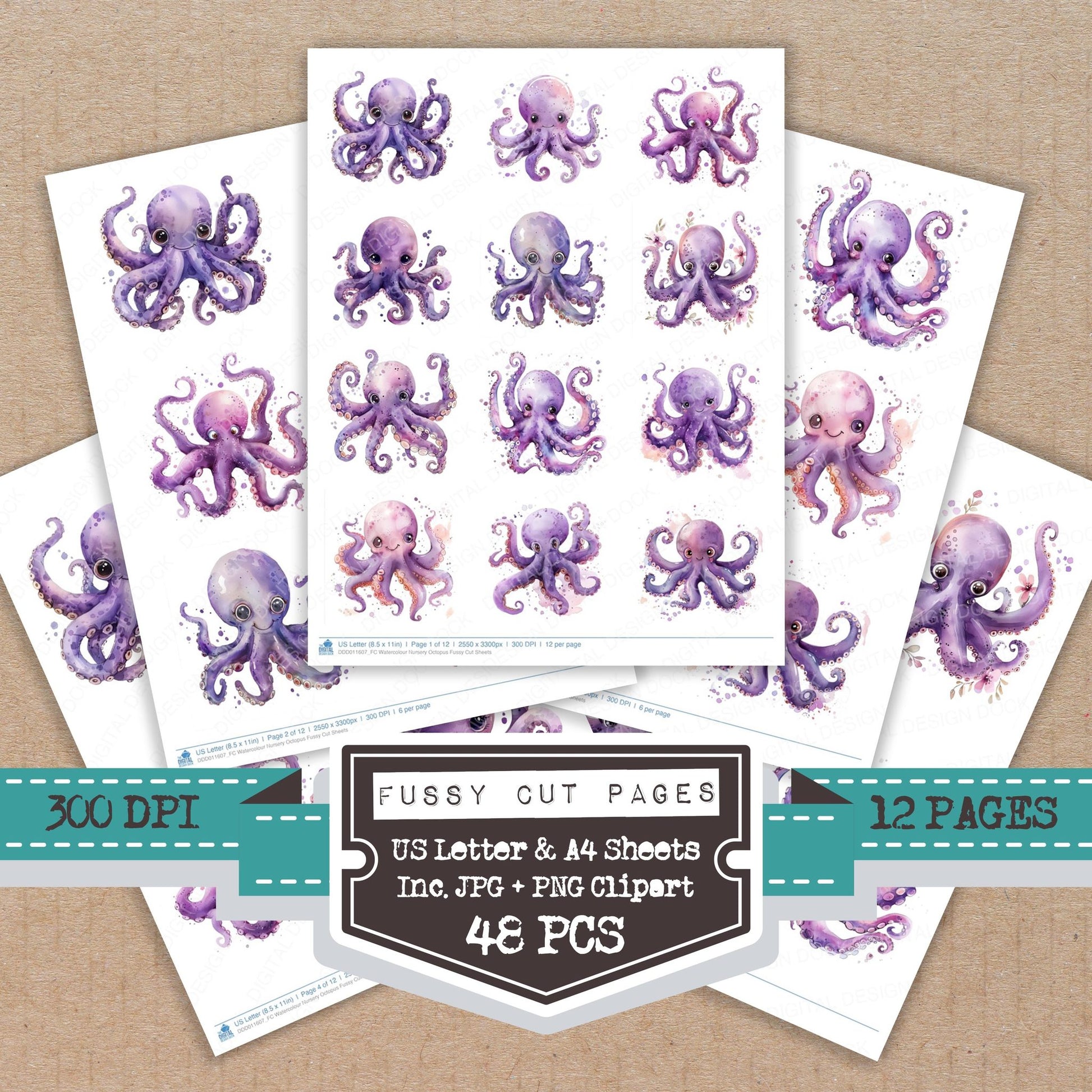 Watercolour Nursery Octopus fussy cut printable sheets for junk journaling, scrapbooking, and paper craft projects