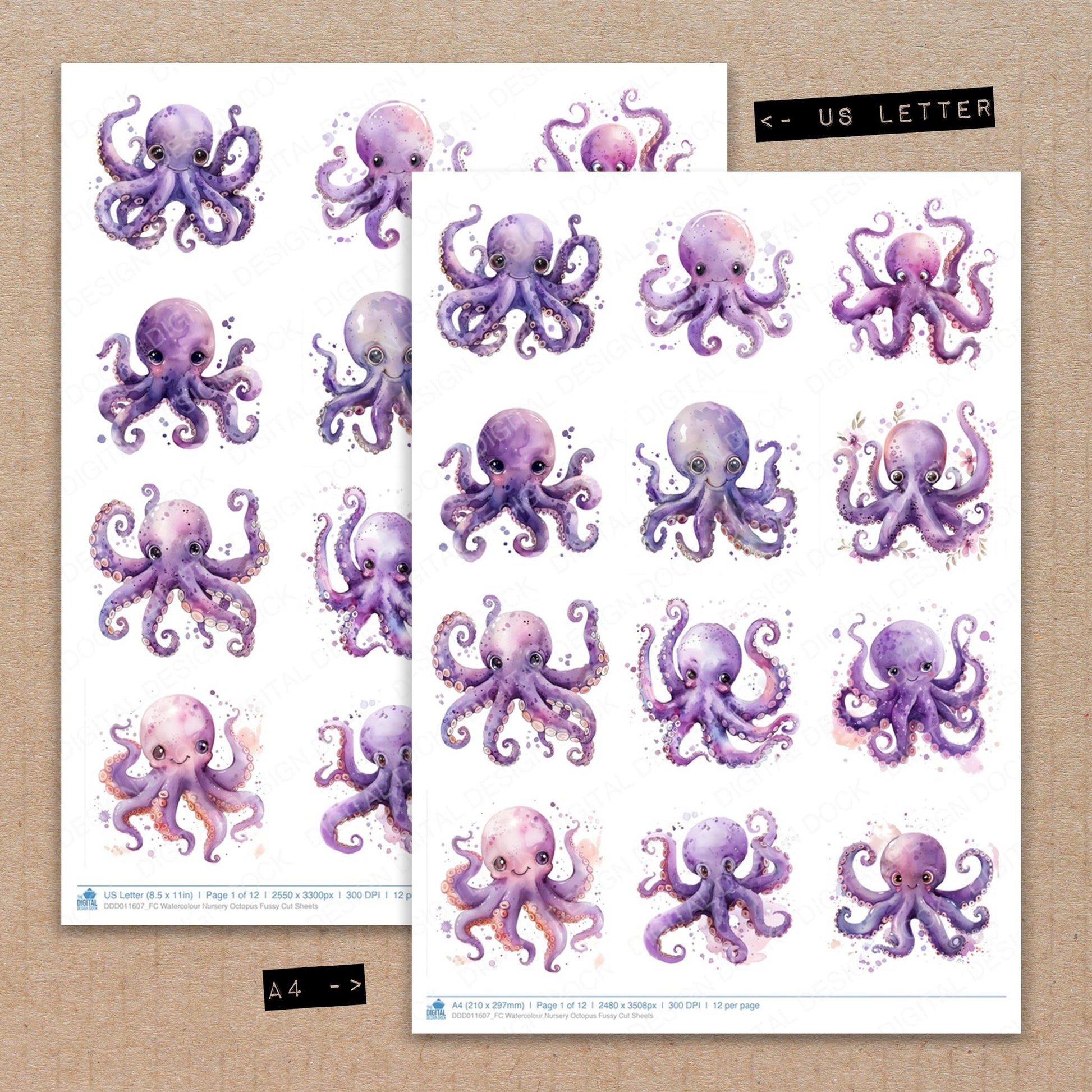 A4 and US Letter format comparison showing Watercolour Nursery Octopus fussy cut pages for print and cut crafting