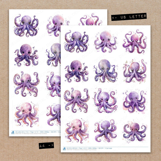 A4 and US Letter format comparison showing Watercolour Nursery Octopus fussy cut pages for print and cut crafting