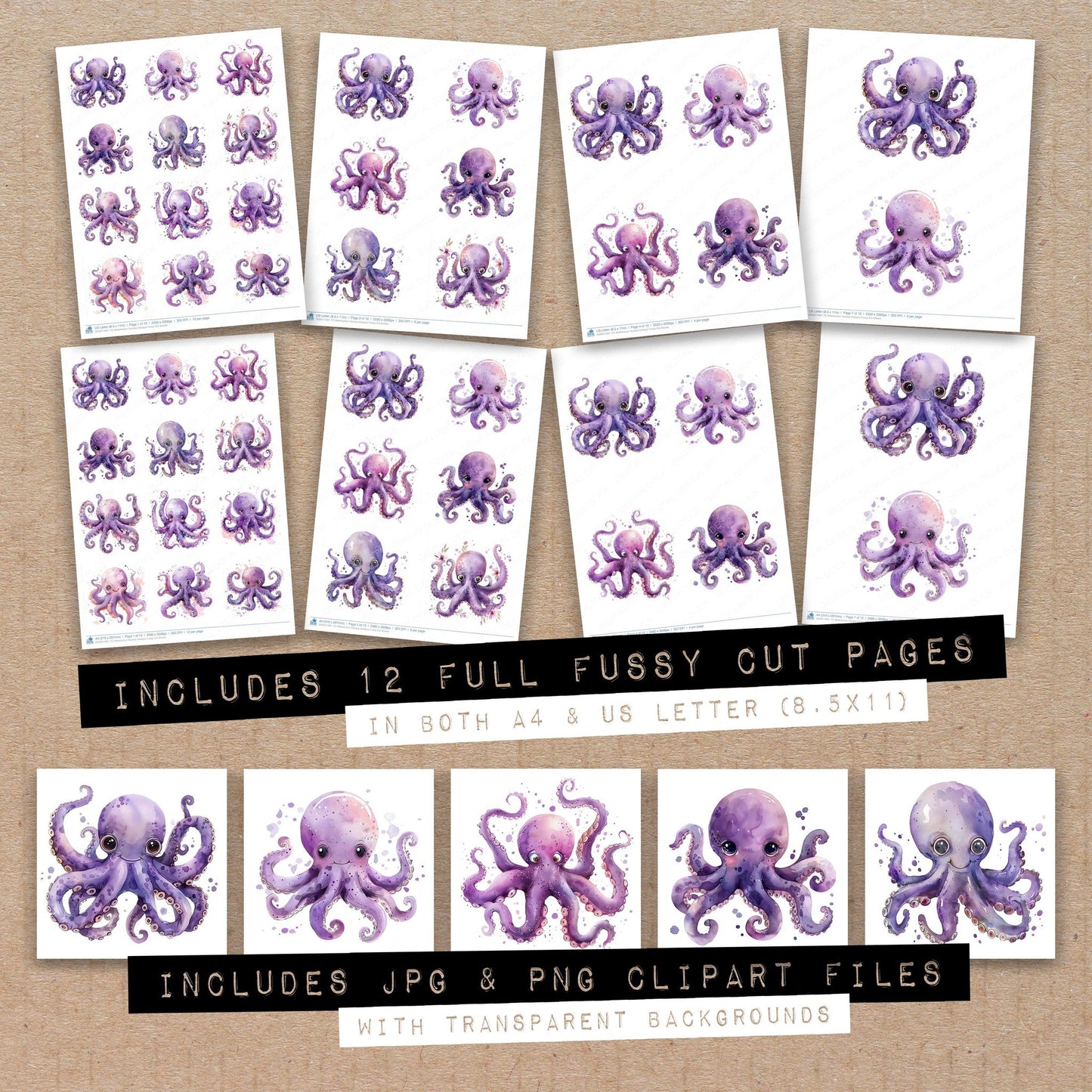 Full collection view of Watercolour Nursery Octopus fussy cut sheets with bonus clipart JPG and PNG files