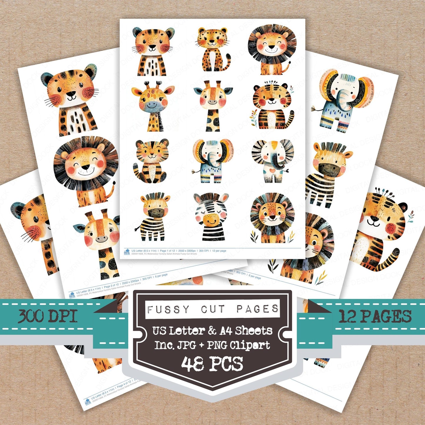 Watercolour Nursery Safari Animals fussy cut printable sheets for junk journaling, scrapbooking, and paper craft projects