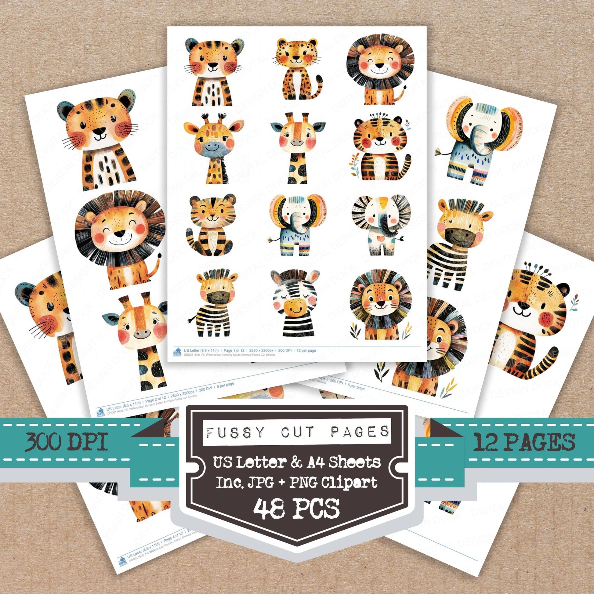 Watercolour Nursery Safari Animals fussy cut printable sheets for junk journaling, scrapbooking, and paper craft projects