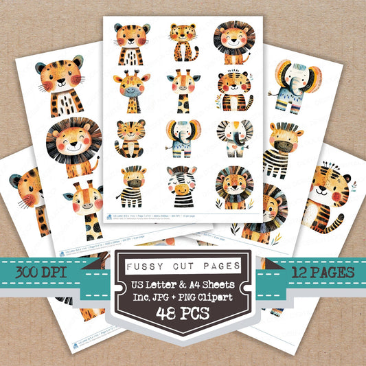Watercolour Nursery Safari Animals fussy cut printable sheets for junk journaling, scrapbooking, and paper craft projects