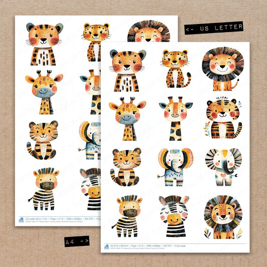 A4 and US Letter format comparison showing Watercolour Nursery Safari Animals fussy cut pages for print and cut crafting