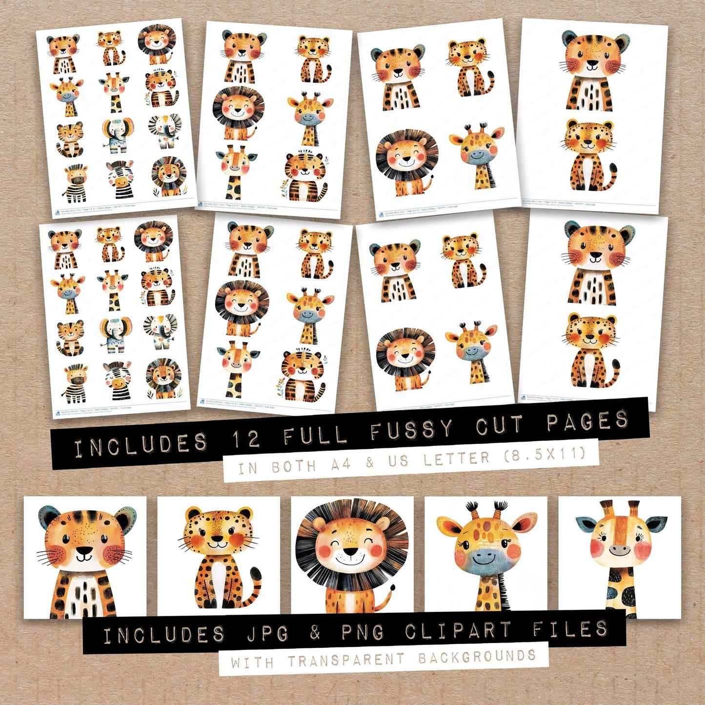 Full collection view of Watercolour Nursery Safari Animals fussy cut sheets with bonus clipart JPG and PNG files