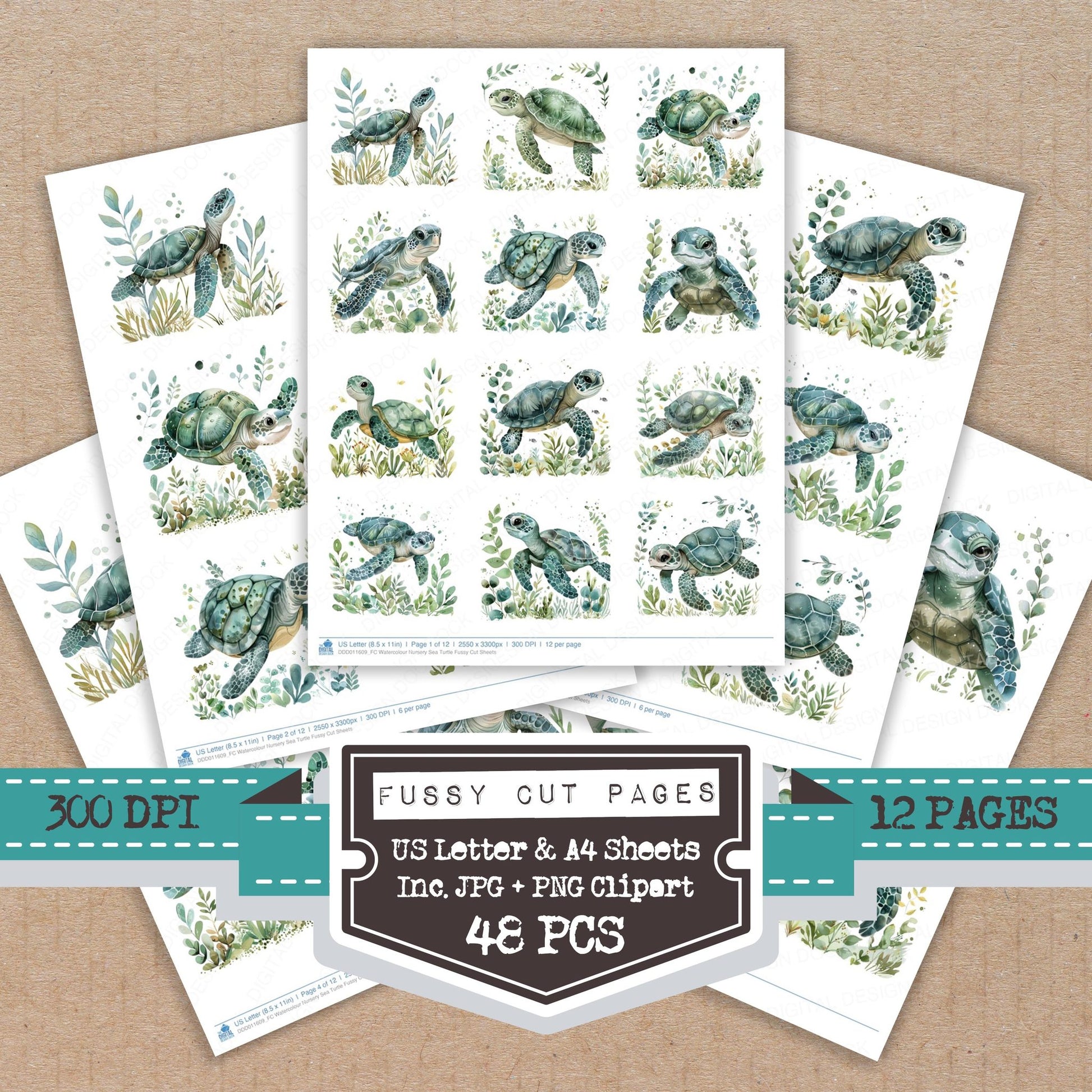 Watercolour Nursery Sea Turtle fussy cut printable sheets for junk journaling, scrapbooking, and paper craft projects